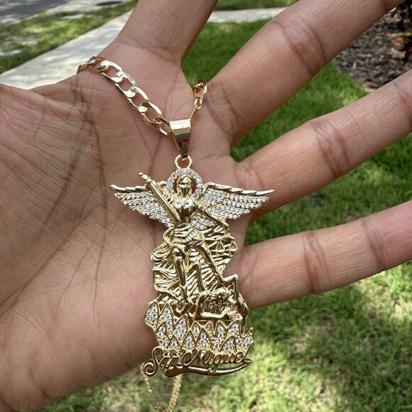 San Miguel St Michael Archangel Bling Crystal Pendant Miami Cuban Chain Necklace - Picture 2 of 4